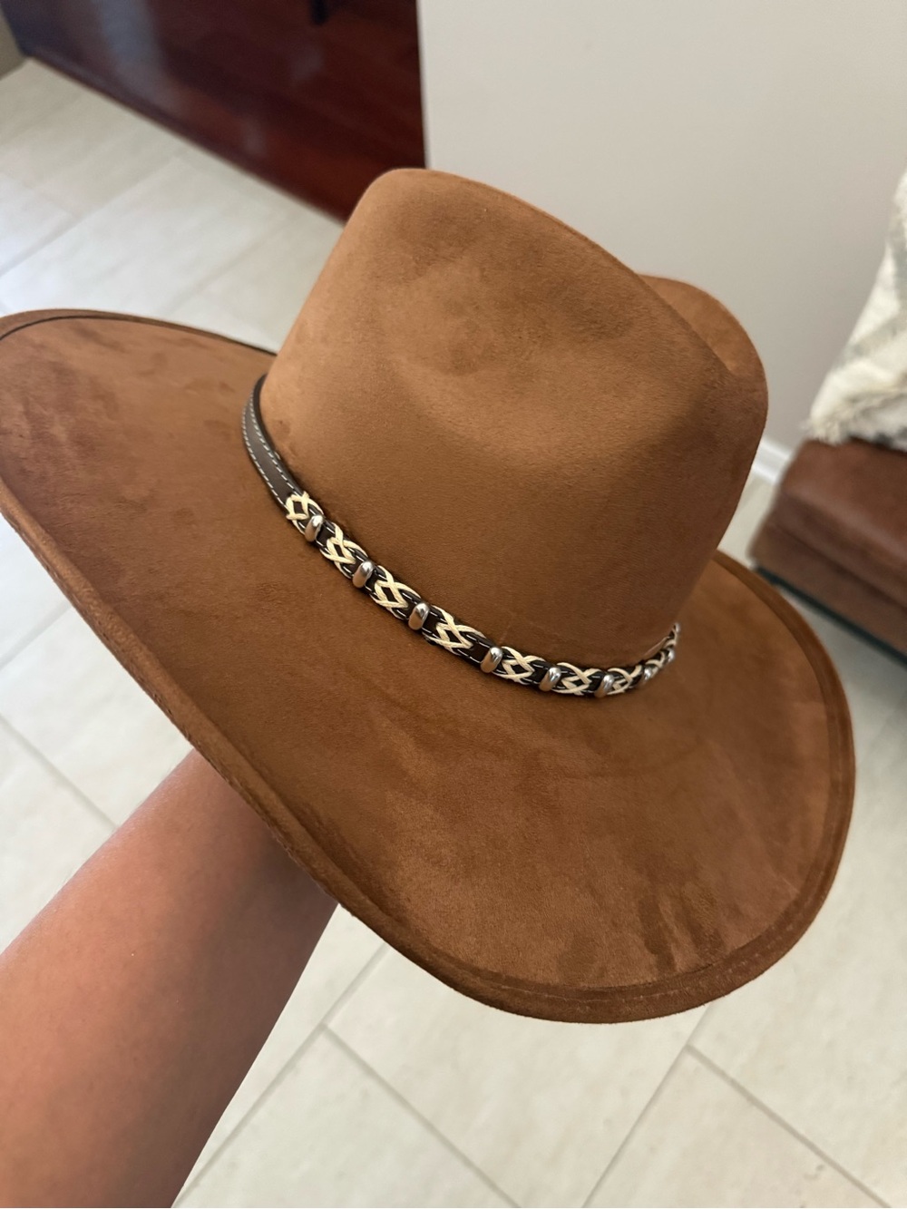 Freebirds Jones Brown Western Suede Fedora Hat with Braided Trim